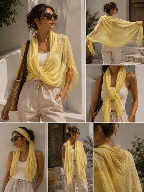 Eileen Fisher Cotton Silk Crinkle Scarf Wrap Yellow Fringe Lightweight O/S